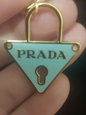 Prada Blue Enamel Triangle Padlock Necklace with Gold-Tone Link Chain
